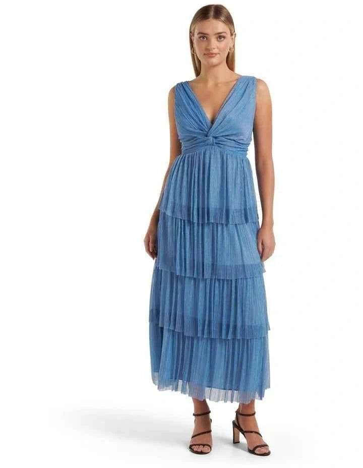 Forever New - Jade Tiered Plisse Midi Dress in Blue
