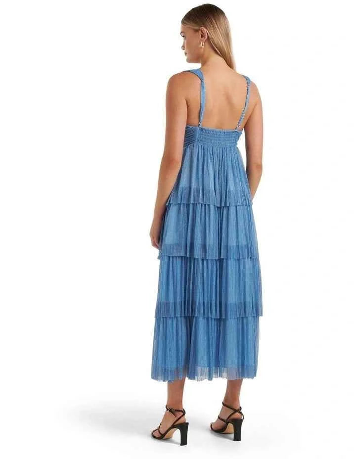 Forever New - Jade Tiered Plisse Midi Dress in Blue