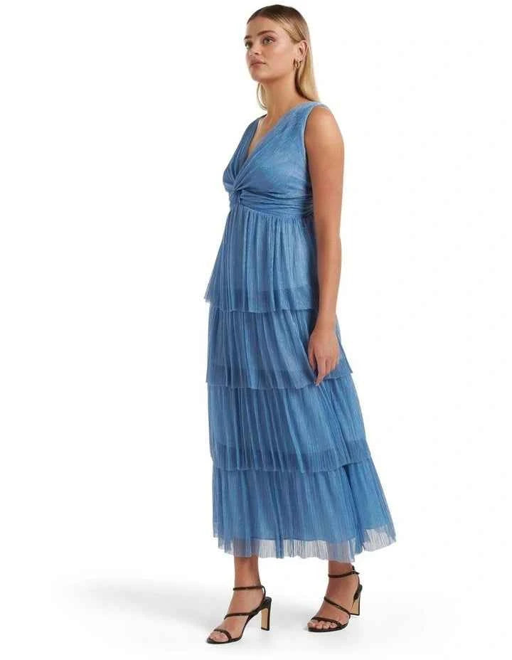 Forever New - Jade Tiered Plisse Midi Dress in Blue