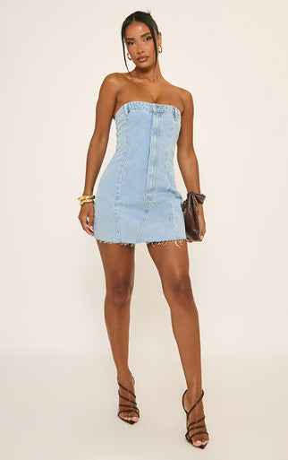 Ego - Bandeau Button Detail Fitted Mini Dress In Blue Denim