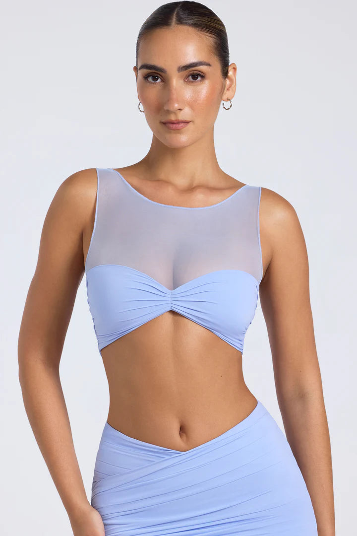 OhPolly - Sheer Panelled Ruched Crop Top in Periwinkle Blue