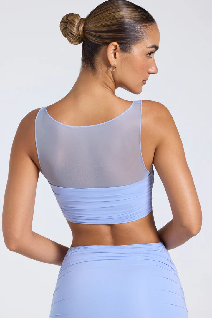 OhPolly - Sheer Panelled Ruched Crop Top in Periwinkle Blue