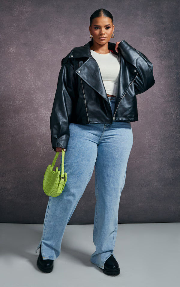 Plus Black Faux Leather Contrast Quilted Lining Oversized Biker Jacket