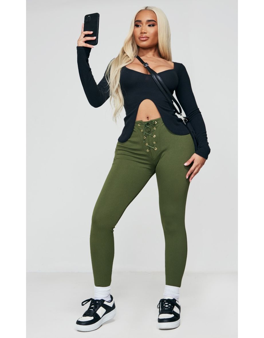 Shape Moss Khaki Soft Rib Ehelet Lace Up Leggings