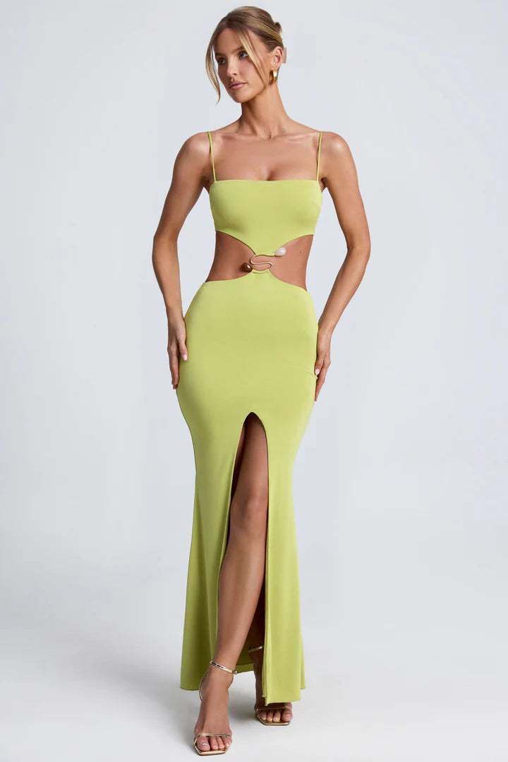 Ohpolly - Hardware Detail Cut-Out Maxi Dress in Olive Green
