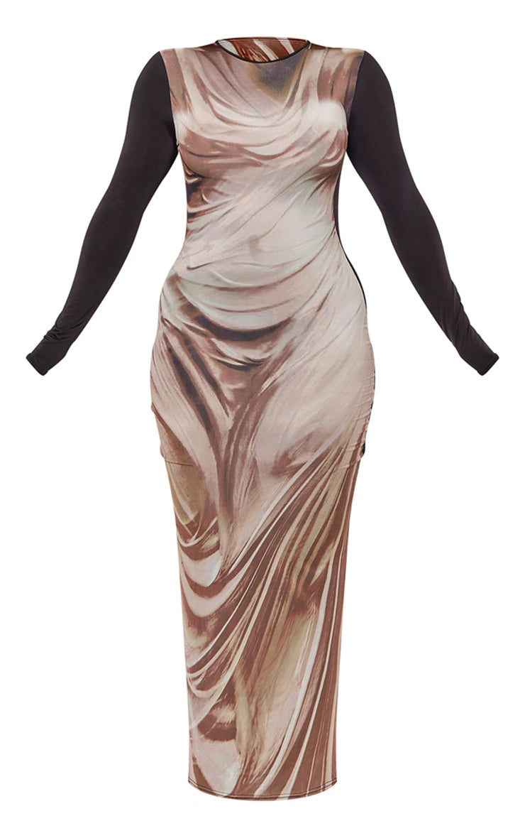 Shape Stone Slinky Body Print Long Sleeve Maxi Dress