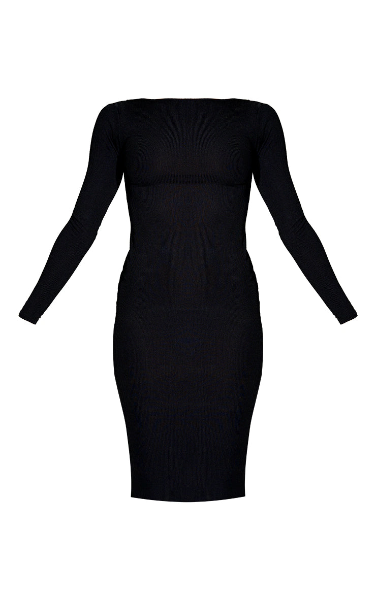 Basic Black Ribbed Long Sleeve Bodycon Dress