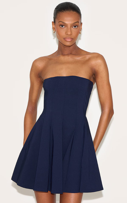 Navy Stretch Woven Bandeau Pleated Shift Dress