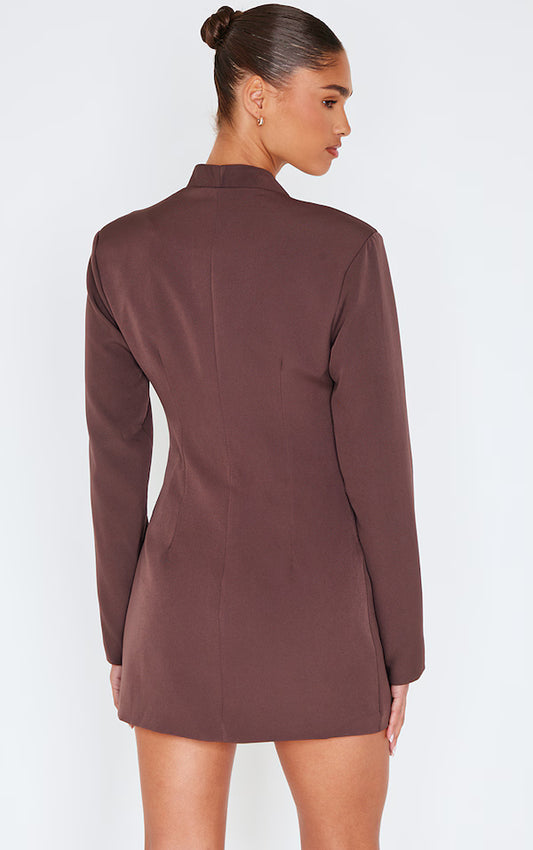 Chocolate Woven Button Detail Blazer Dress