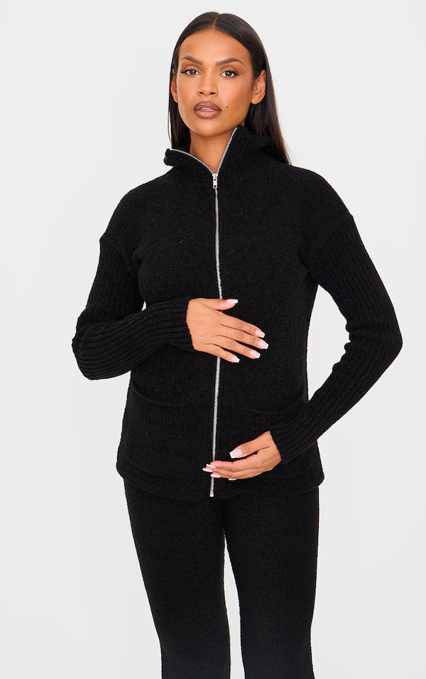 Maternity Black Boucle Knit Zip Up Long Sleeve Top