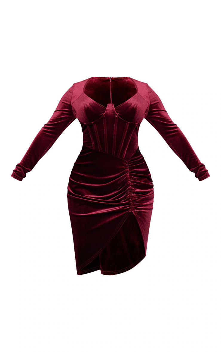 Shape Burgundy Velvet Corset Detail Long Sleeve Ruched Midi Dress