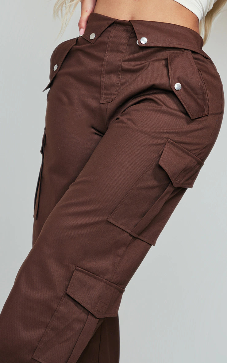 Shape Chocolate Brown Cargo Fold Waistband Pocket Detail Pants