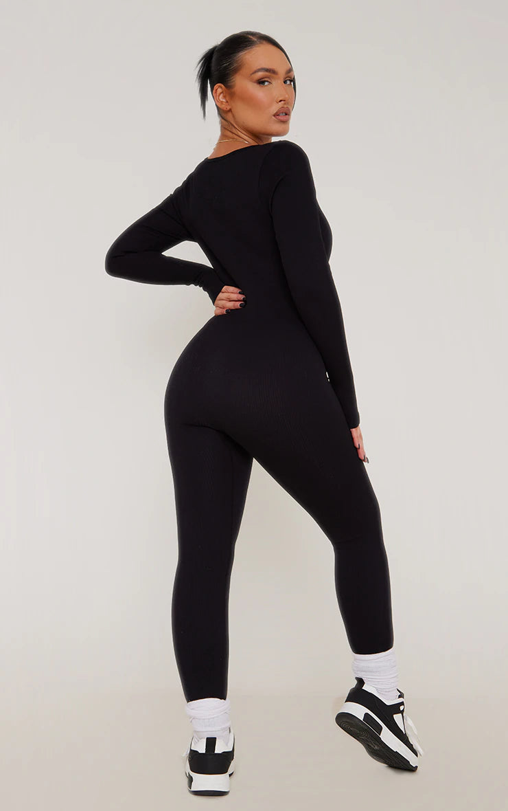 Black Contour Rib Square Neck Long Sleeve Jumpsuit