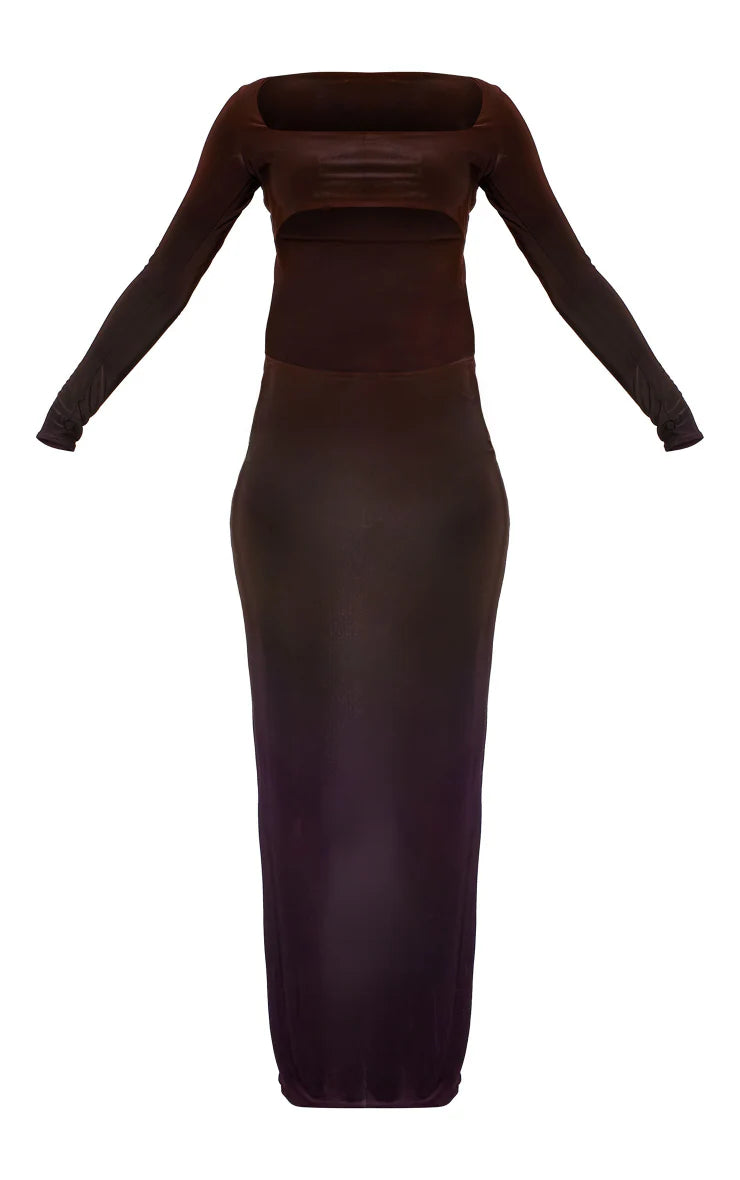 Chocolate Brown Cut Out Detail Long Sleeve Maxi Dress