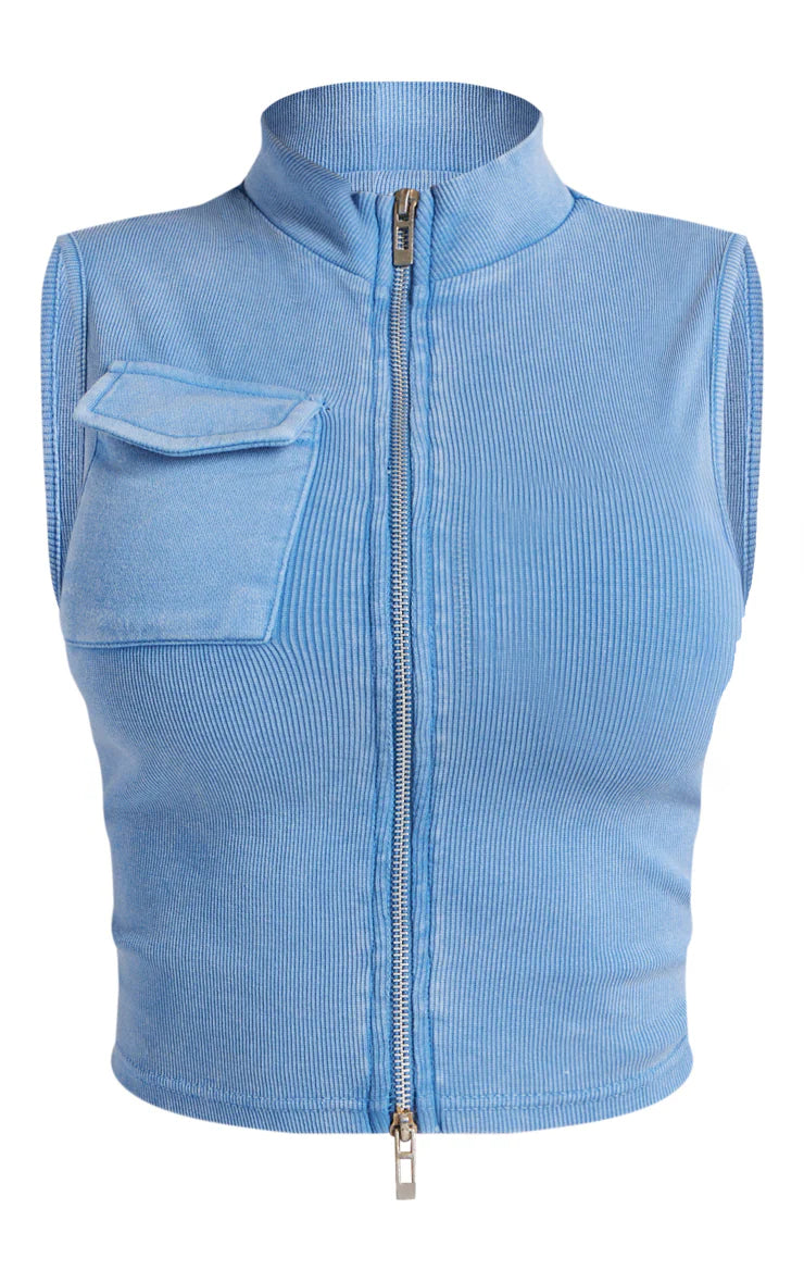 Shape Blue Rib Zip Through Pocket Sleeveless Top