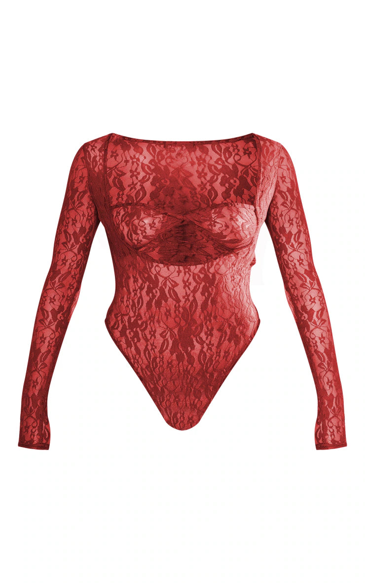 Cherry Red Lace Bandeau Detail Long Sleeve Bodysuit