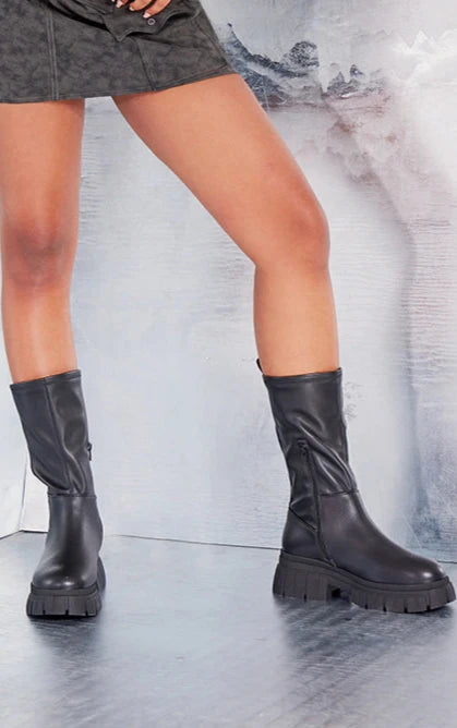 BLACK WIDE FIT PU CHUNKY PLATFORM CALF HIGH BOOTS