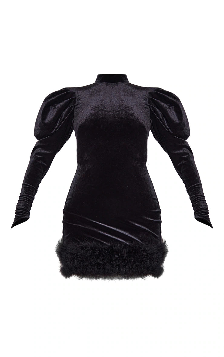 Black Velvet Puff Sleeve Feather Trim Open Back Bodycon Dress