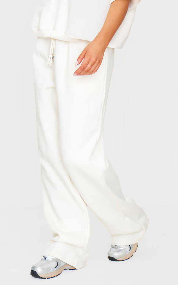 Cream Badge Detail Mid Rise Wide Leg Joggers