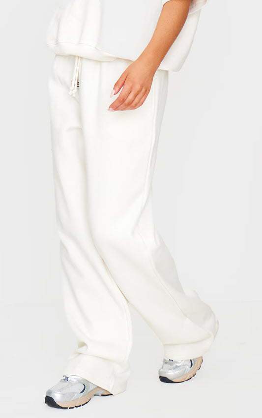Cream Badge Detail Mid Rise Wide Leg Joggers