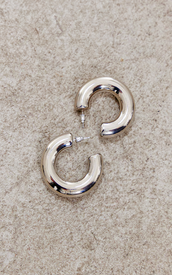 Silver Tubular Chubby Hoop Earrings
