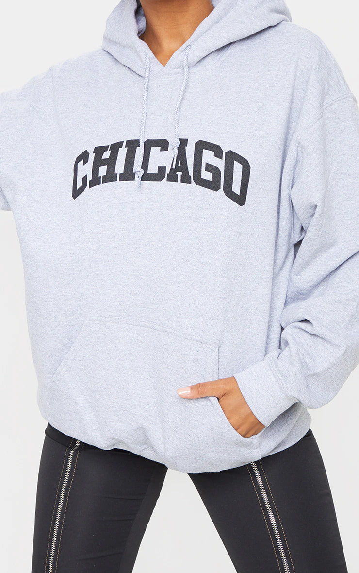 Grey Chicago Print Oversized Hoodie