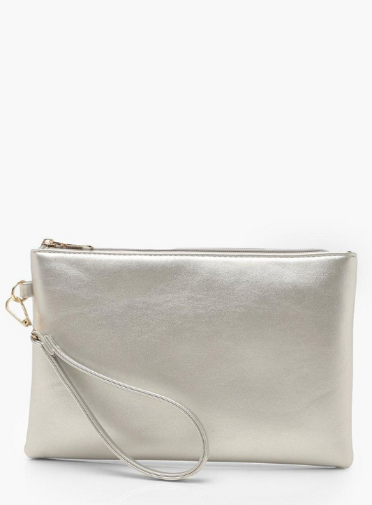 Boohoo Metallic Smooth Pu Zip Top Clutch Bag - silver