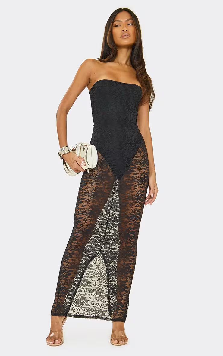 Ego - Bandeau Bodysuit Detail Maxi Dress In Black Sheer Lace