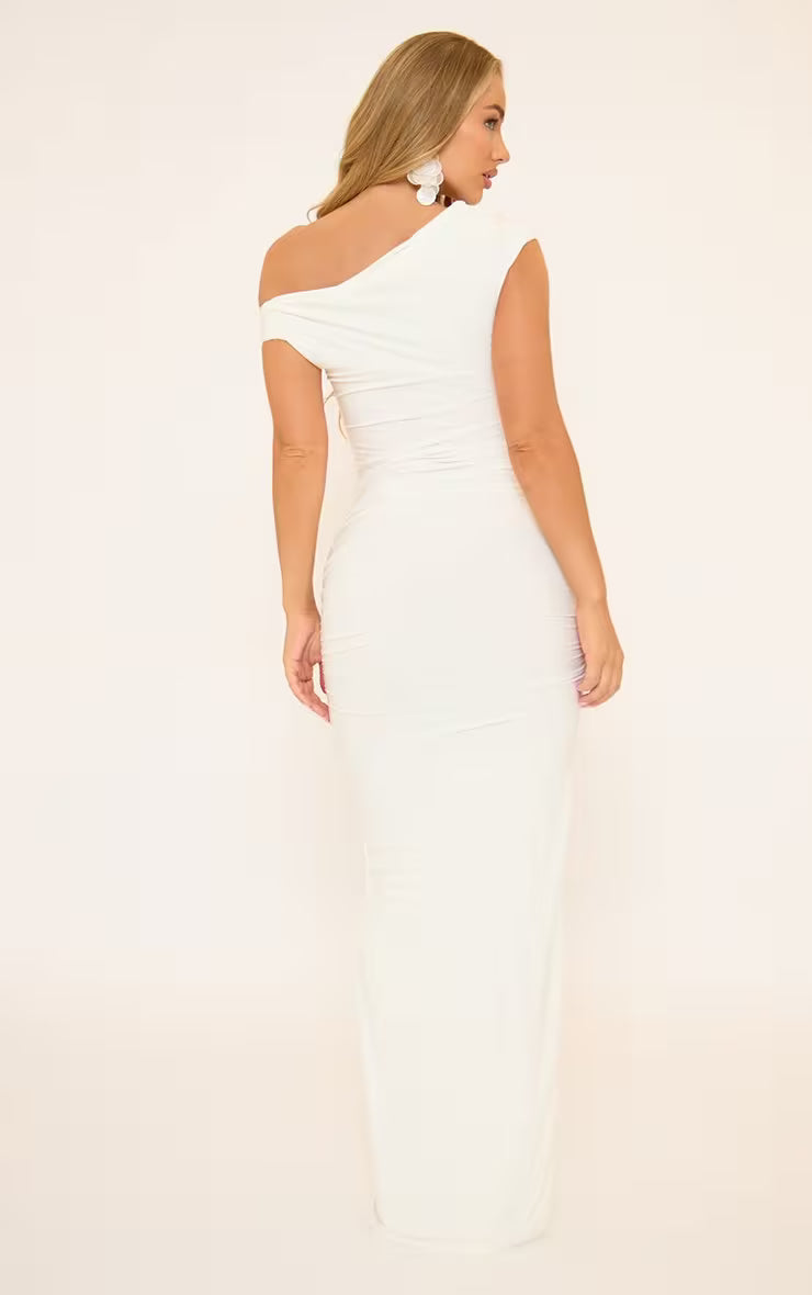 Ego - Asymmetric One Shoulder Ruched Detail Maxi Dress In White Slinky