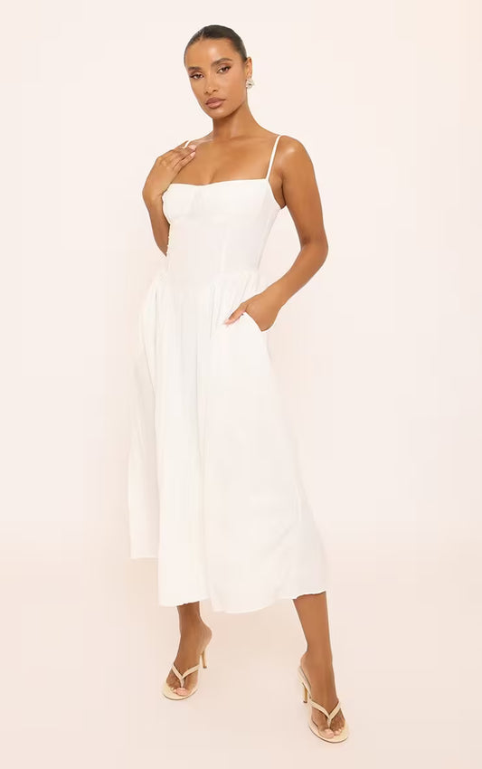 Strappy Pleated Skater Midaxi Dress In White