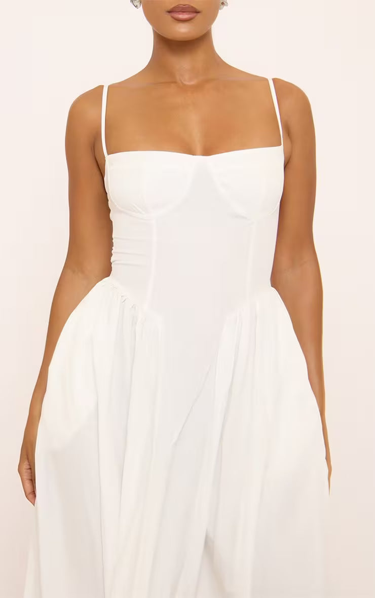 Strappy Pleated Skater Midaxi Dress In White
