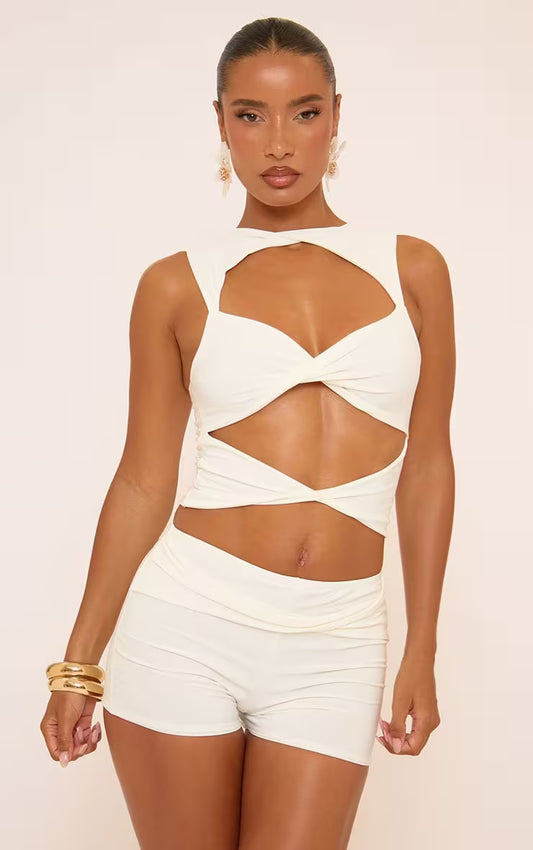 Ego - High Twisted Waist Shorts In White Slinky