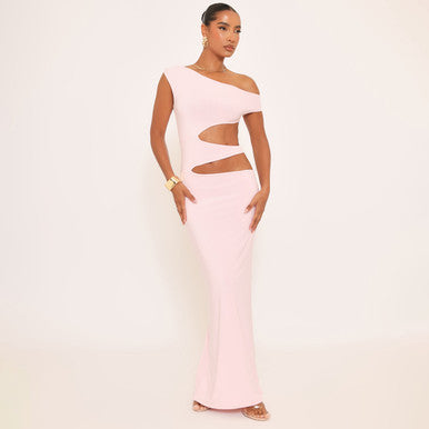 Ego - Asymmetric One Shoulder Cut Out Maxi Dress In Pink Slinky