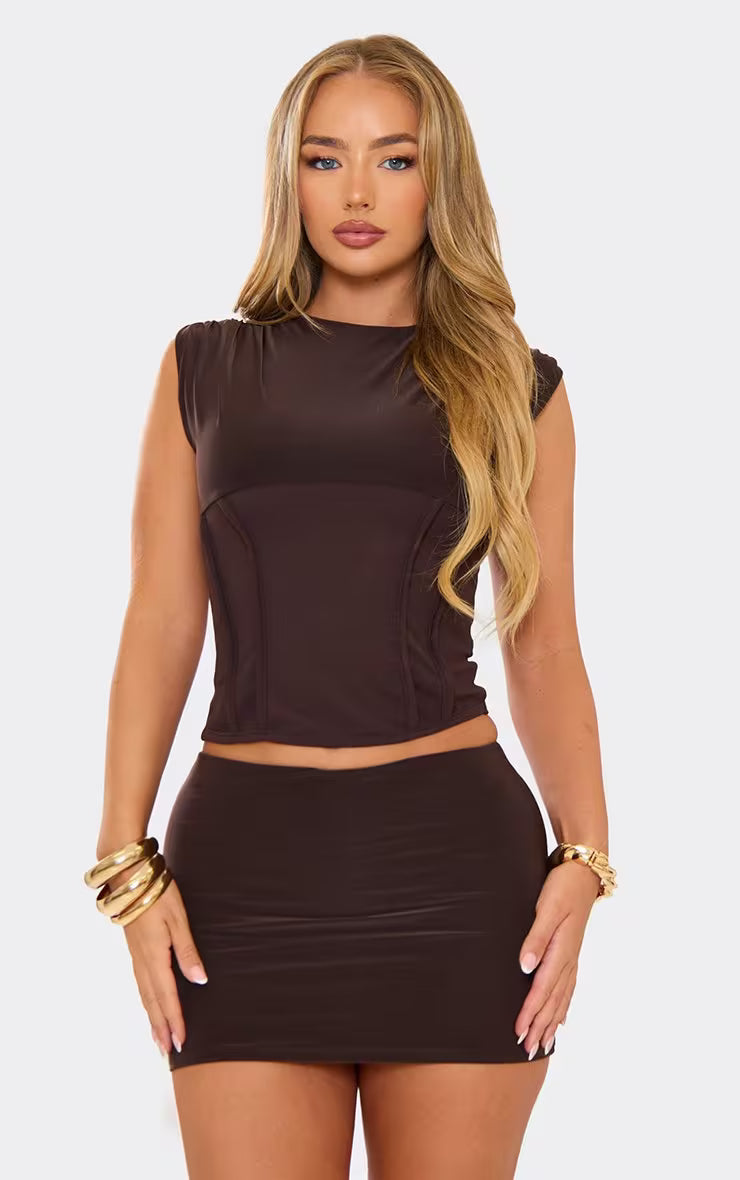 Ego - Sleeveless Binding Detail Top In Brown Slinky
