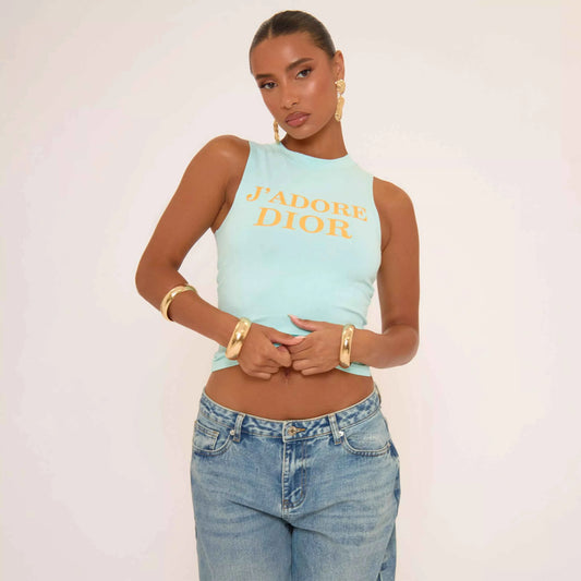 Ego - Racer Neck Slogan Print Detail Vest Top In Turquoise Blue