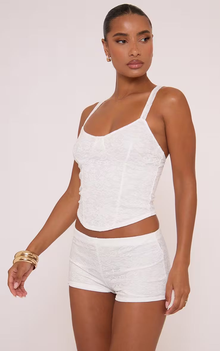 Ego - Scoop Neck Corset Top In White Lace