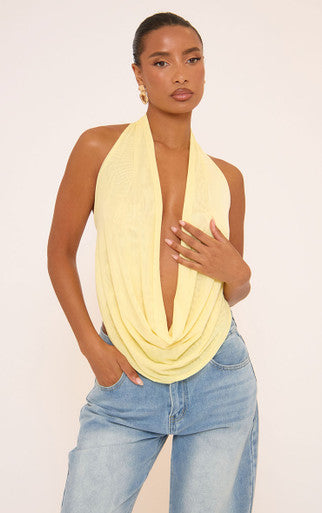 Ego - Extreme cowl halterneck top yellow mesh