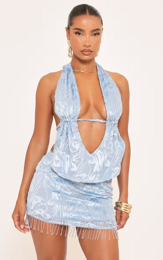 Ego - Halterneck Cowl Front Detail Top In Blue