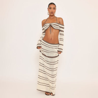 Ego - Mid Rise Contrast Maxi Skirt In Black And Stone Crochet Knit