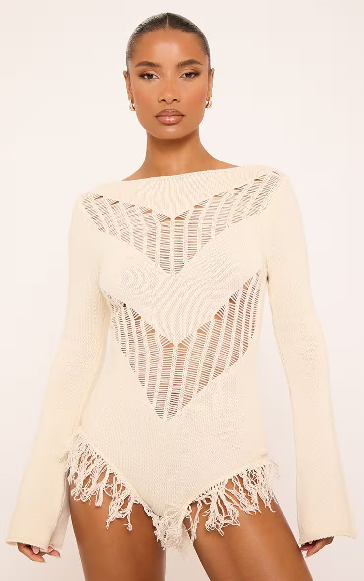 Ego - Long Flared Sleeve Fringe Detail Playsuit In Cream Knit