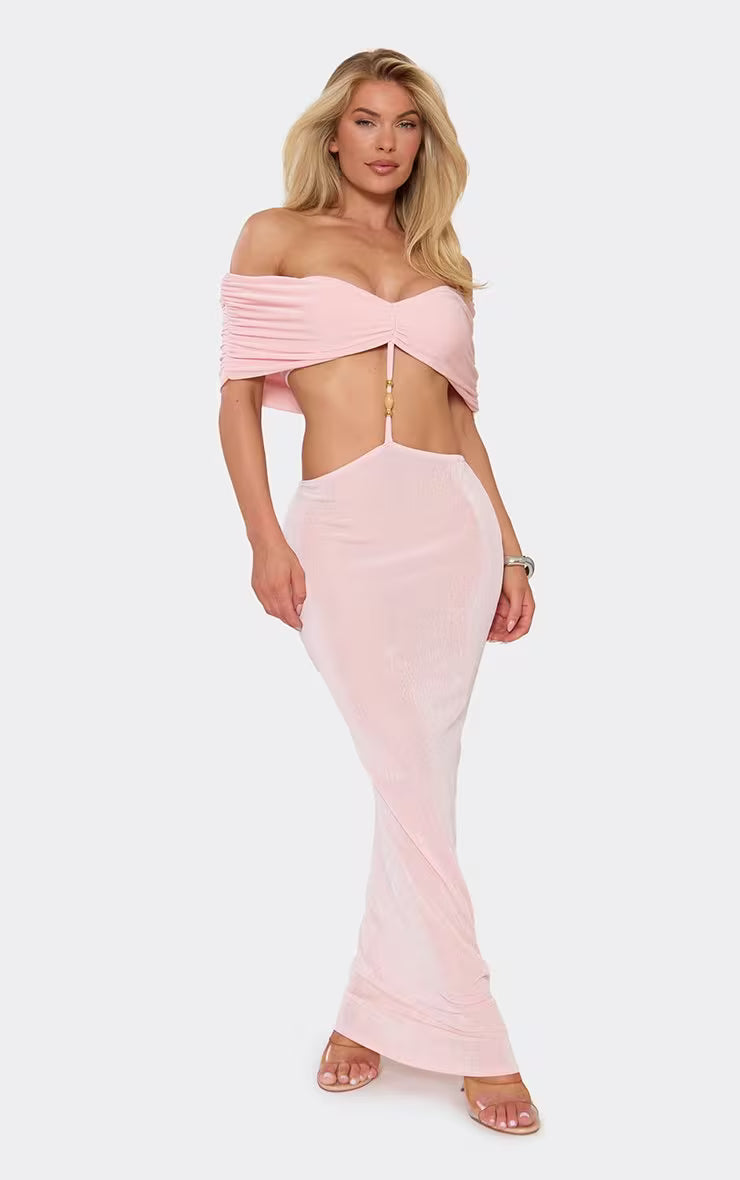 Ego - Bardot Beaded Trim Detail Cut Out Maxi Dress In Baby Pink