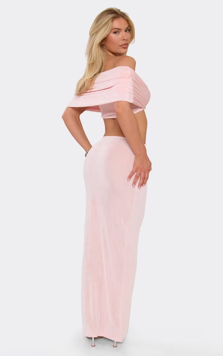 Ego - Bardot Beaded Trim Detail Cut Out Maxi Dress In Baby Pink