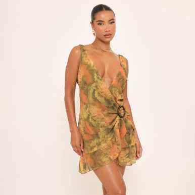 Ego - abstract printed plunge front wooden trim detail mini dress