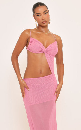 Ego - Strappy Twist Front Detail Cut Out Maxi Dress In Pink Mesh