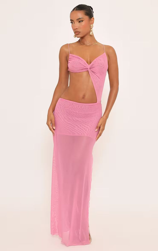 Ego - Strappy twist front detail cut out maxi dress in pink mesh