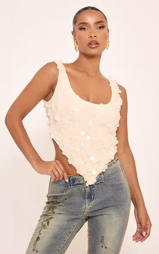 Ego - Halterneck Sequin Detail Pointed Hem Top In Cream