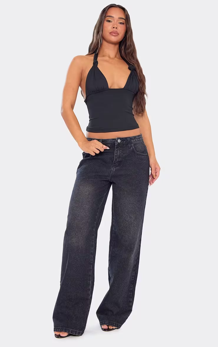 Ego - Halterneck Knot Detail Top In Black Slinky