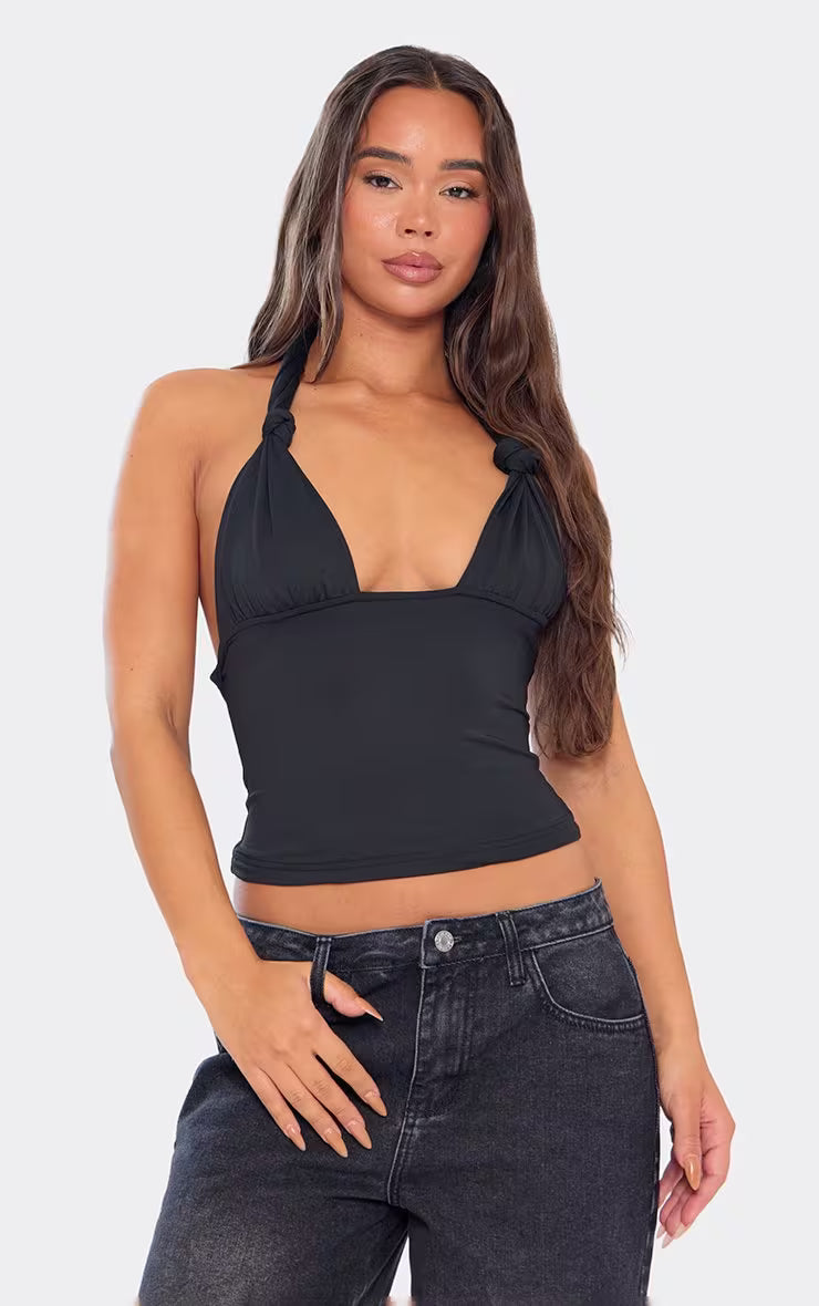 Ego - Halterneck Knot Detail Top In Black Slinky
