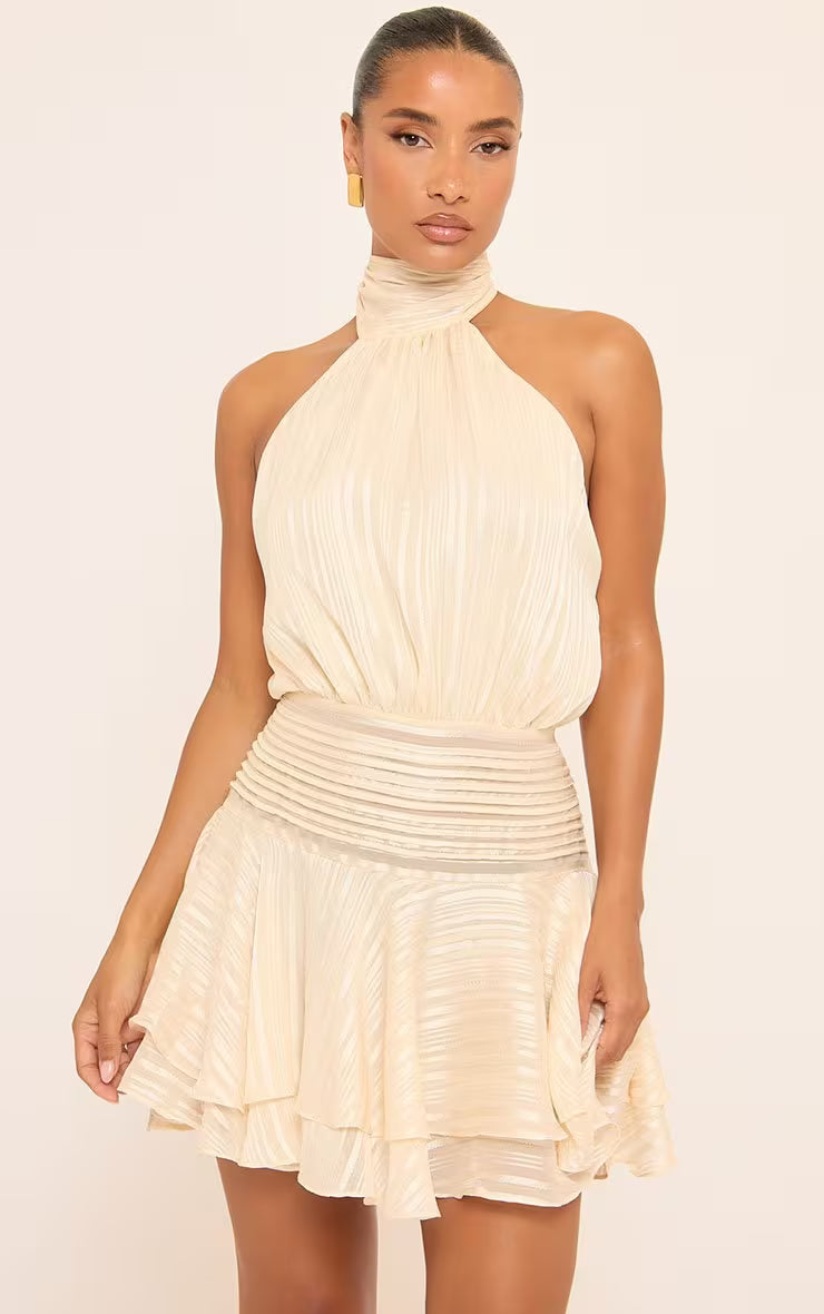 High Neck Open Back Layered Frill Hem Mini Dress In Cream