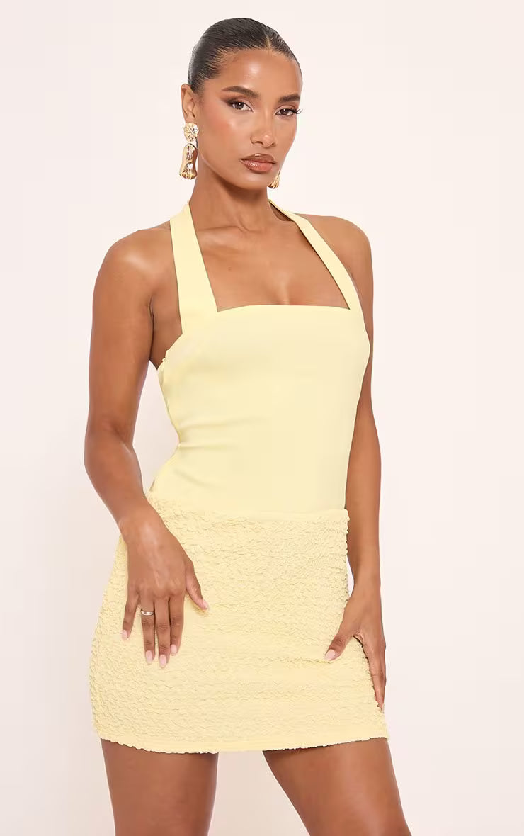 Ego - Halterneck Textured Skirt Detail Mini Bodycon Dress In Yellow